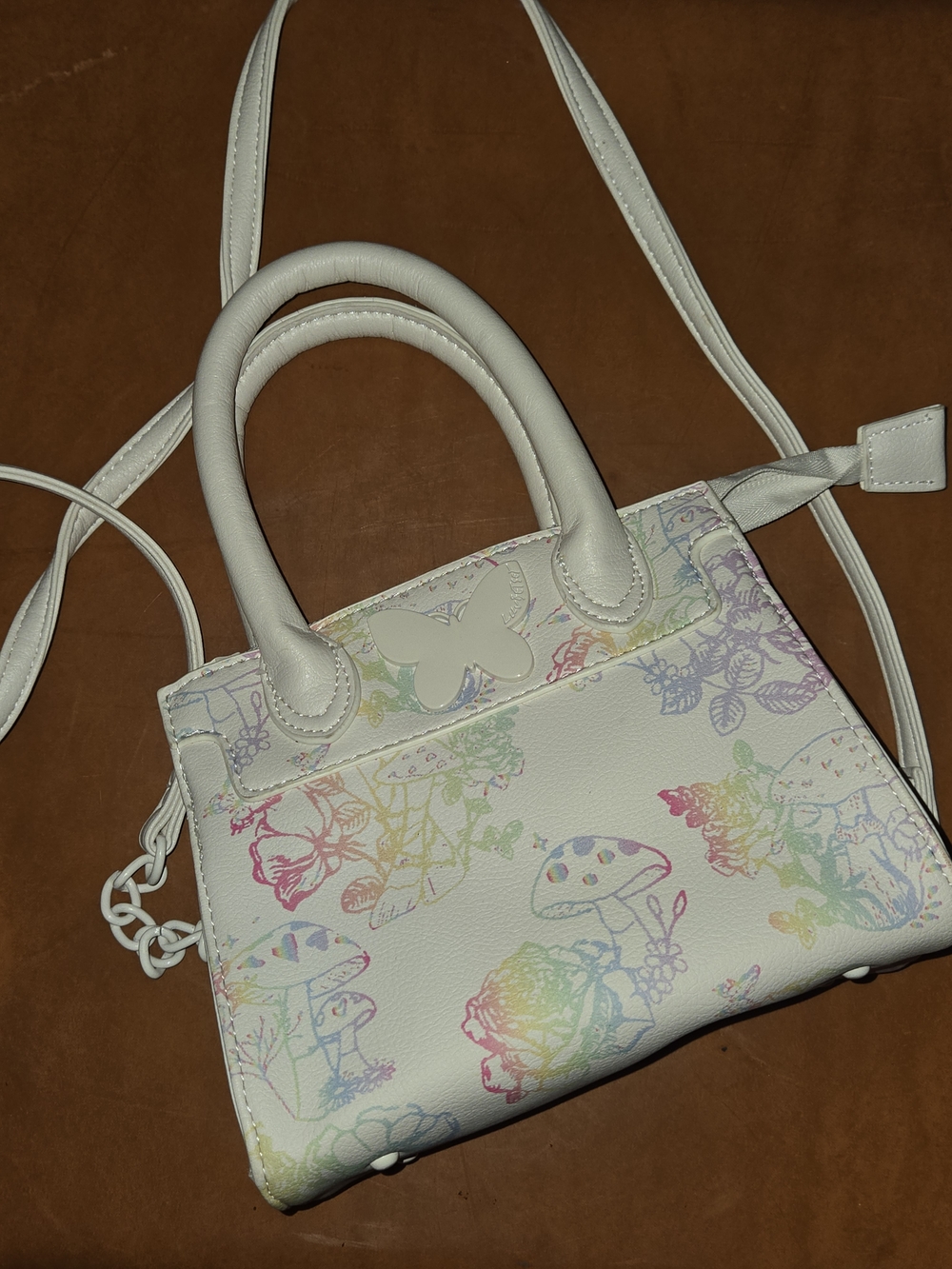 White Mini Satchel with Pastel Rainbow Floral & Mushroom Print